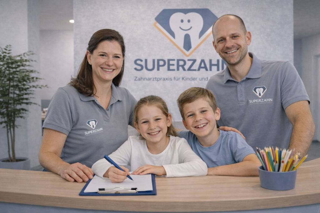 Kinderzahnarzt Unterföhring Team mit Dr. Carl Lappy und dr. Linda Lappy mit Kindern