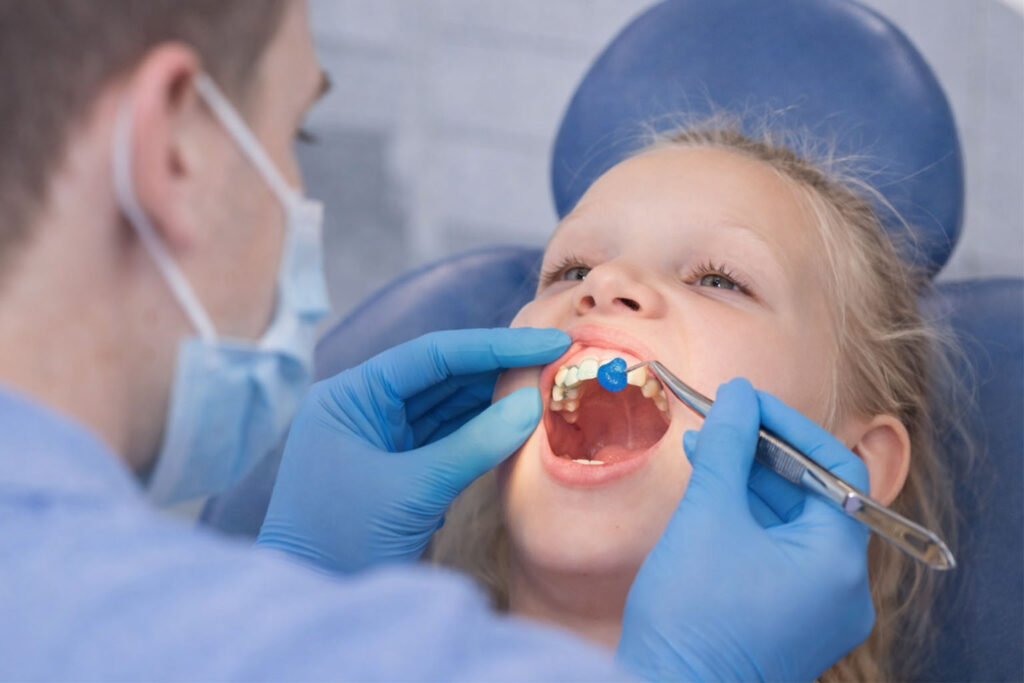 Kinderzahnarzt Unterföhring führt eine Fluoridierung bei einem Kind zur Kariesvorsorge durch