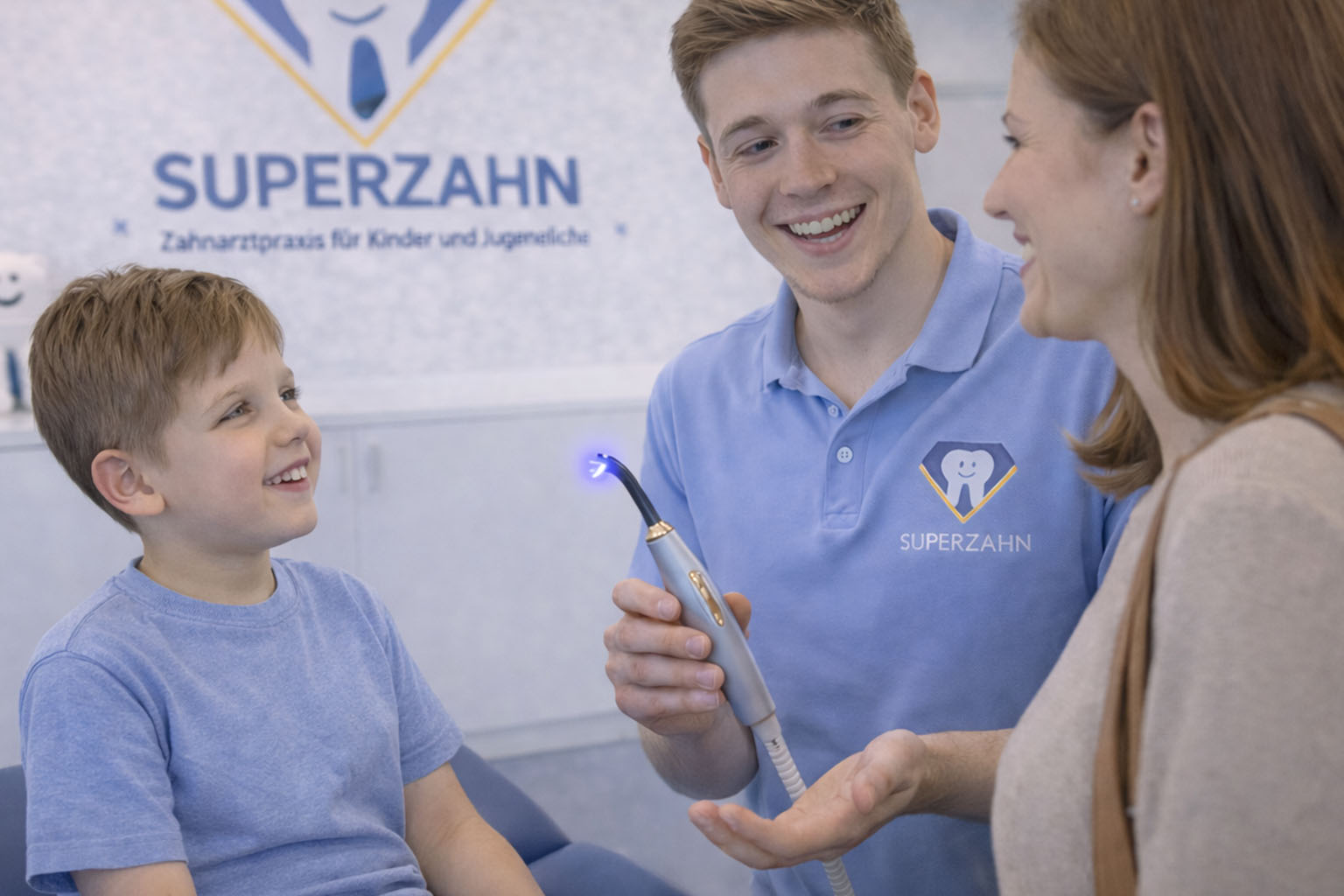 Kinderzahnarzt Unterföhring erklärt Fissurenversiegelung einem Kind und der Mutter