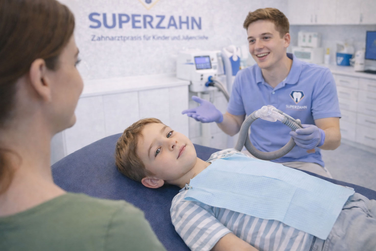 Kinderzahnarzt Unterföhring erklärt Lachgasbehandlung einem Kind und Elternteil