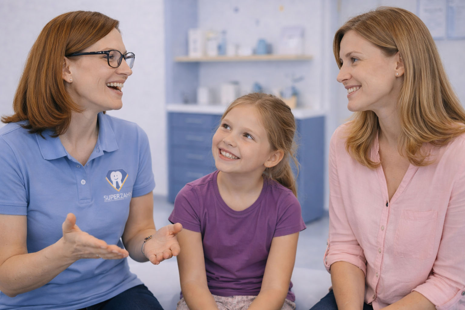 Kinderzahnarzt Unterföhring erklärt Kreidezähne (MIH) einem Kind und der Mutter