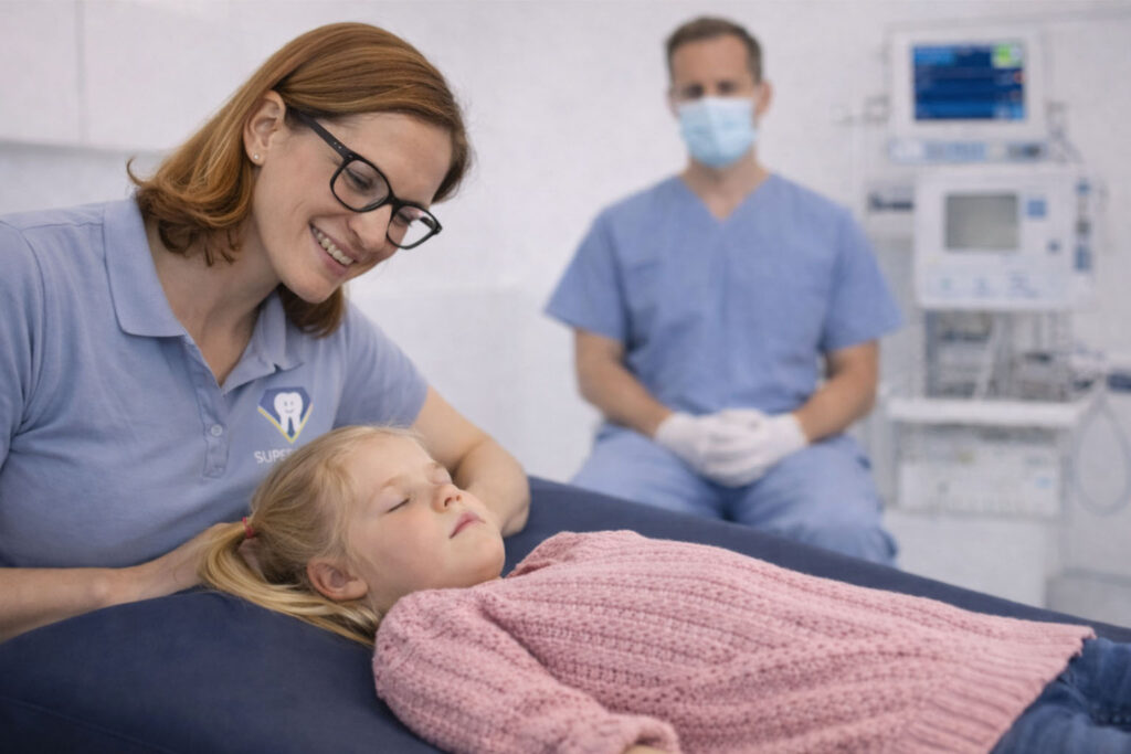 Kinderzahnarzt Unterföhring betreut ein Kind unter Vollnarkose während der Behandlung